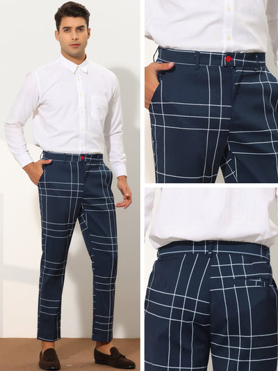 Men's Plaid Pants Slim Fit Chino Flat Front Business Checked Trousers