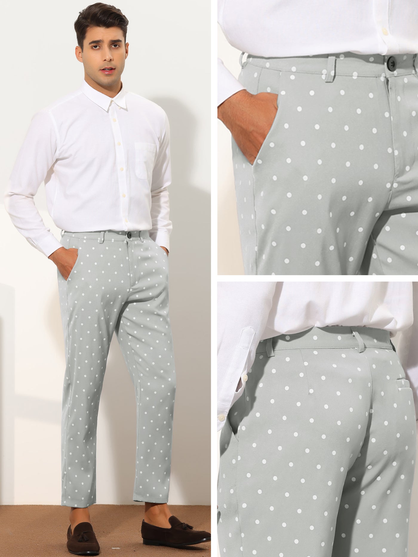 Bublédon Polka Dots Dress Pants for Men's Flat Front Slim Fit Business Printed Tapered Trousers