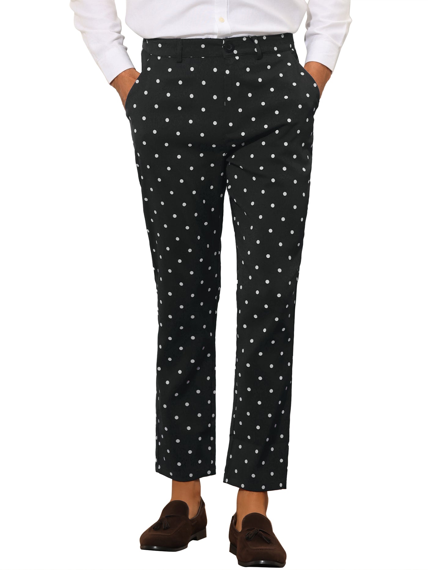 Bublédon Polka Dots Dress Pants for Men's Flat Front Slim Fit Business Printed Tapered Trousers