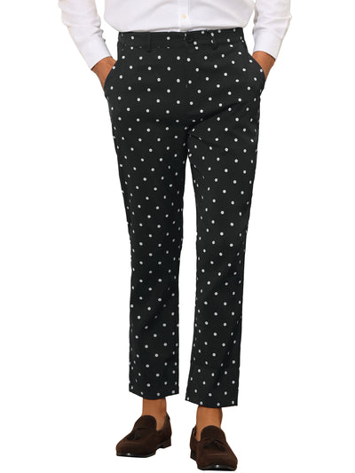 Polka Dots Dress Pants for Men's Flat Front Slim Fit Business Printed Tapered Trousers