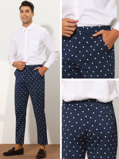 Polka Dots Dress Pants for Men's Flat Front Slim Fit Business Printed Tapered Trousers