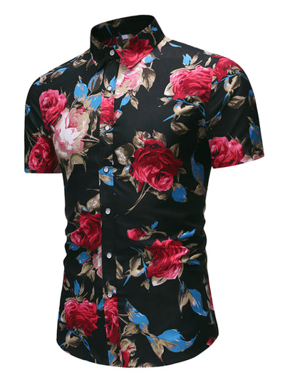 Floral Printed Shirt for Men's Point Collar Short Sleeves Button Down Casual Hawaiian Shirts