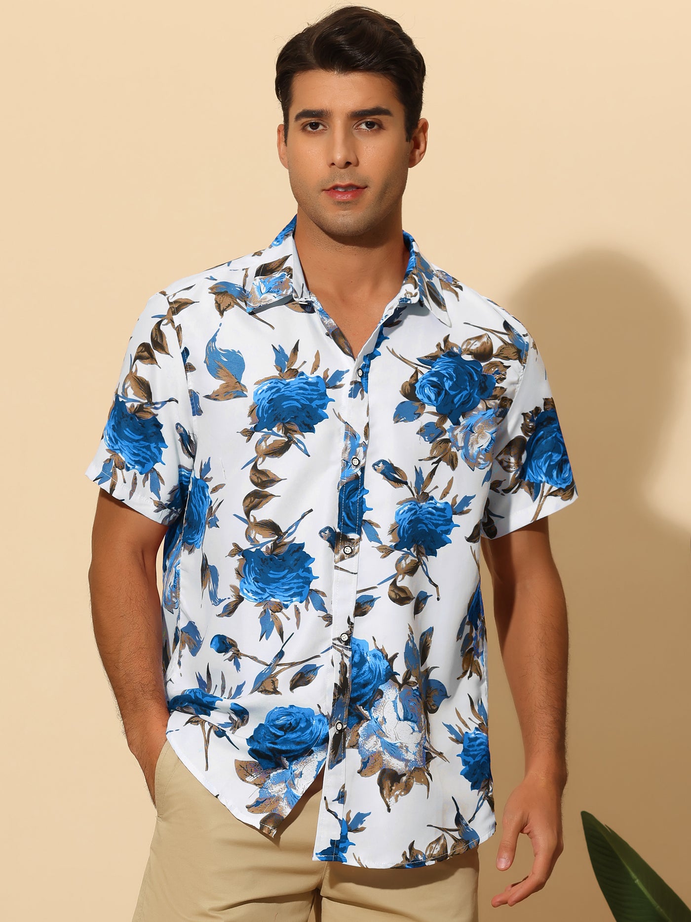 Bublédon Floral Printed Shirt for Men's Point Collar Short Sleeves Button Down Casual Hawaiian Shirts