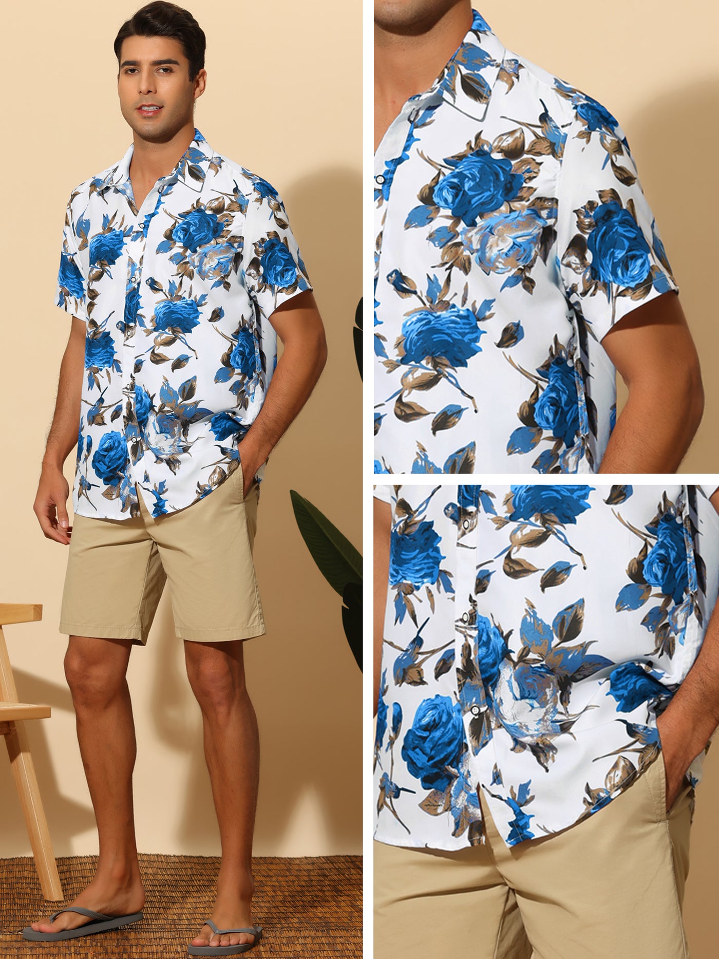 Bublédon Floral Printed Shirt for Men's Point Collar Short Sleeves Button Down Casual Hawaiian Shirts