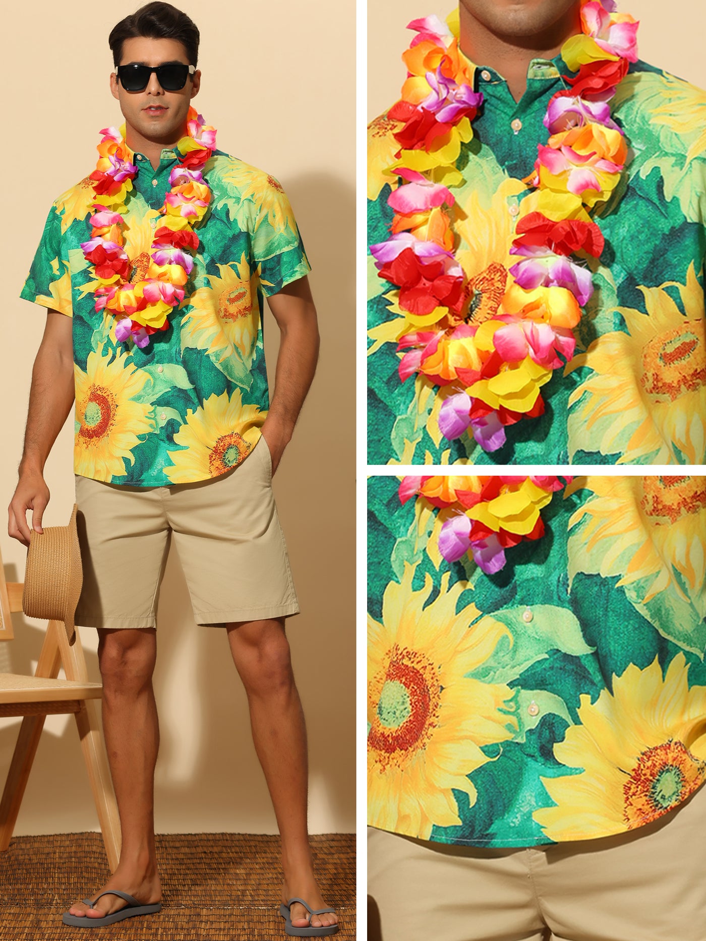Bublédon Sunflower Short Sleeves Summer Hawaiian Floral Shirts