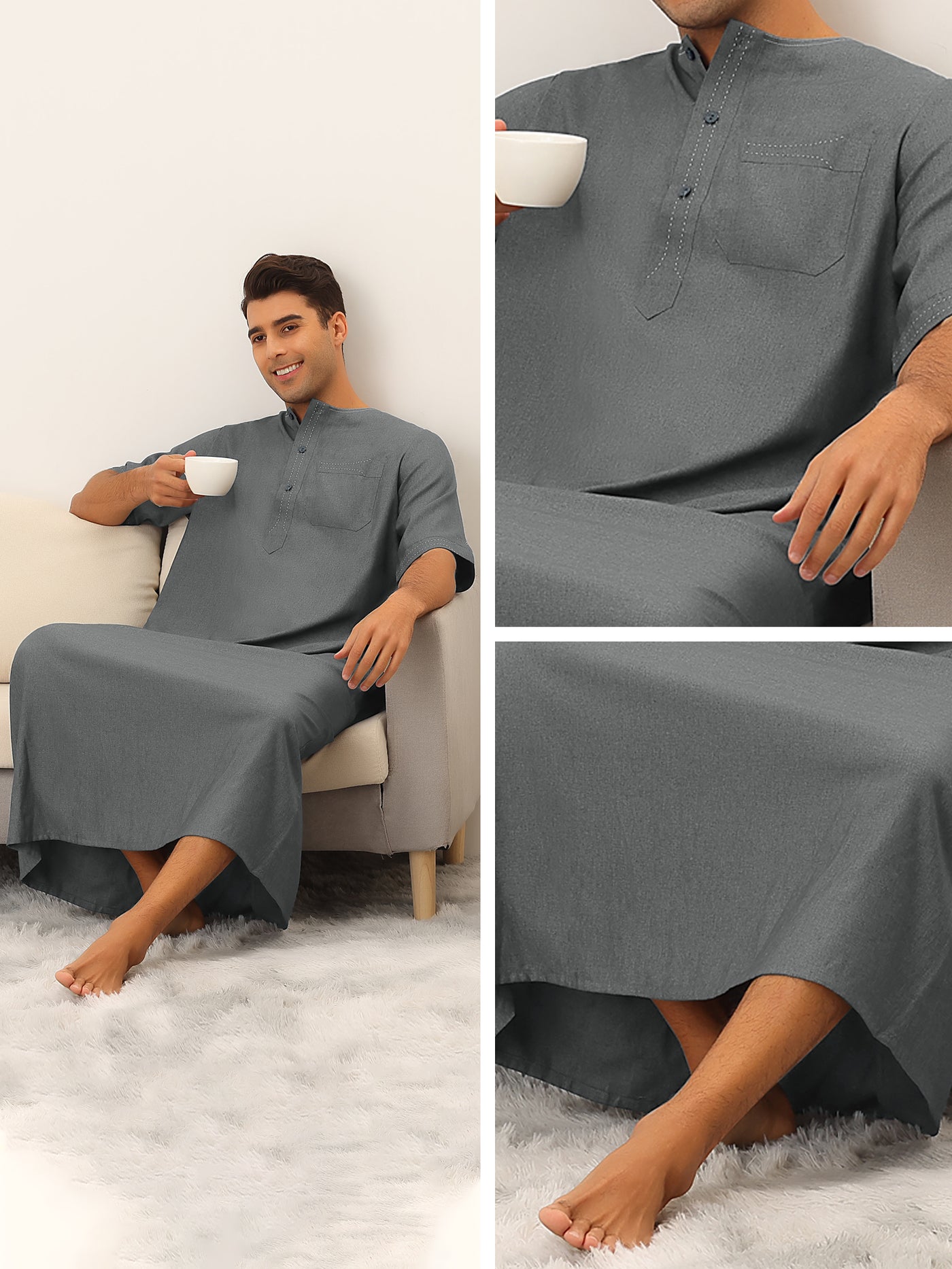 Bublédon Long Nightwear for Men's Loose Fit Short Sleeves Solid Loungewear Pajamas Gown