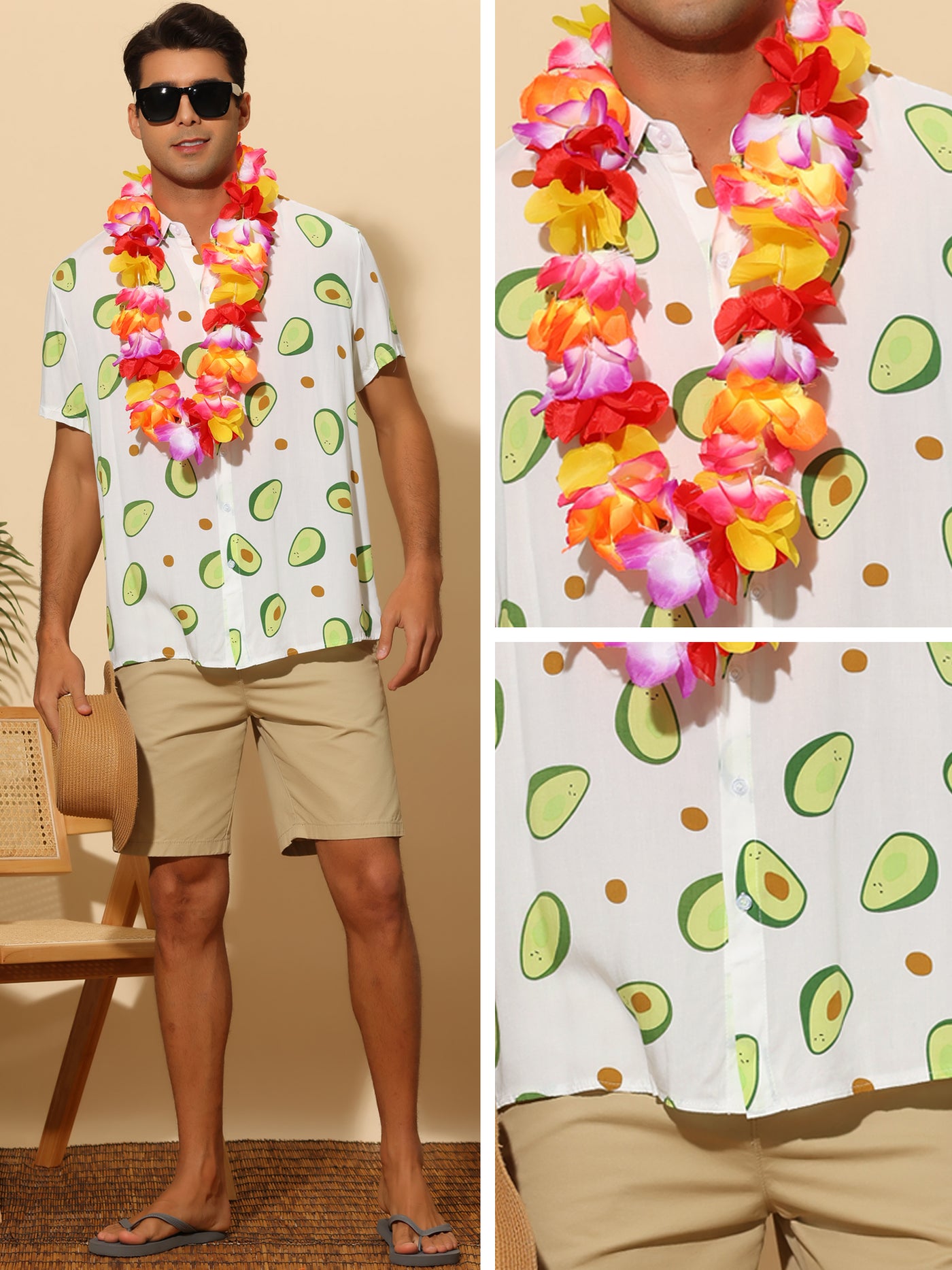 Bublédon Avocado Print Shirt for Men's Point Collar Button Down Short Sleeve Fruit Hawaiian Shirts