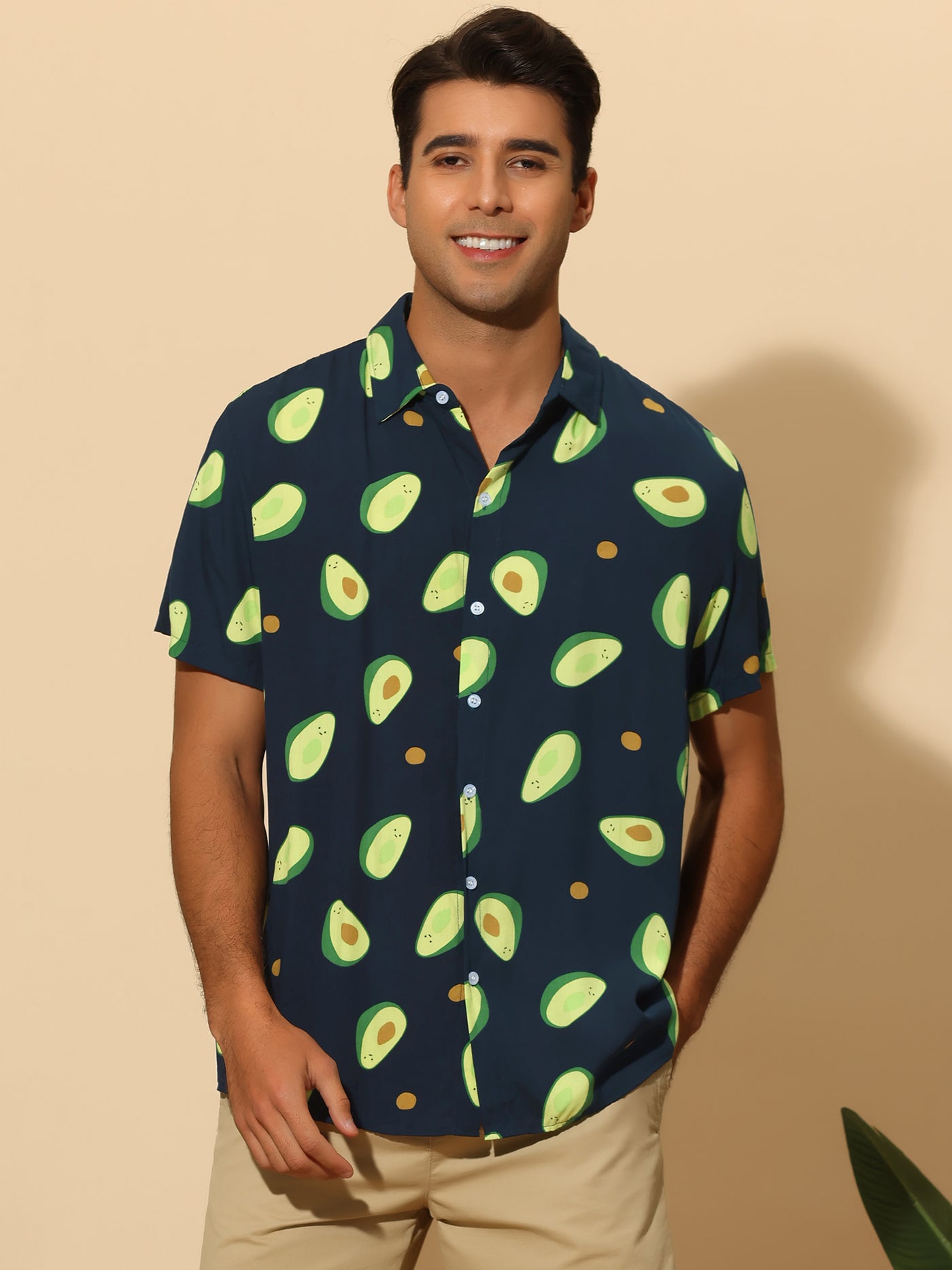 Bublédon Avocado Print Shirt for Men's Point Collar Button Down Short Sleeve Fruit Hawaiian Shirts
