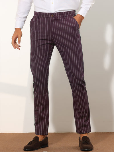 Men's Stripes Slim Fit Business Flat Front Chino Dress Pants