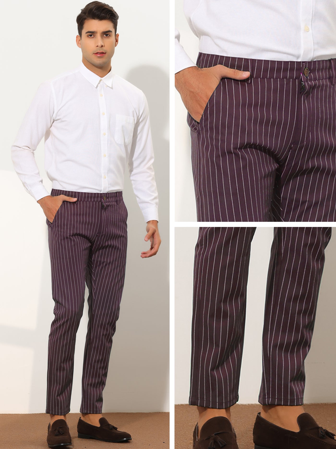 Bublédon Men's Stripes Slim Fit Business Flat Front Chino Dress Pants