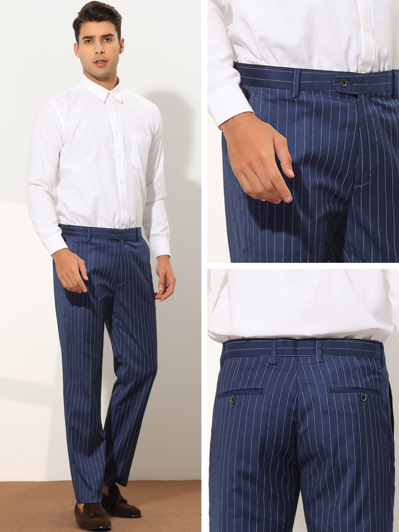 Bublédon Formal Striped Dress Pants for Men's Slim Fit Flat Front Office Business Trousers