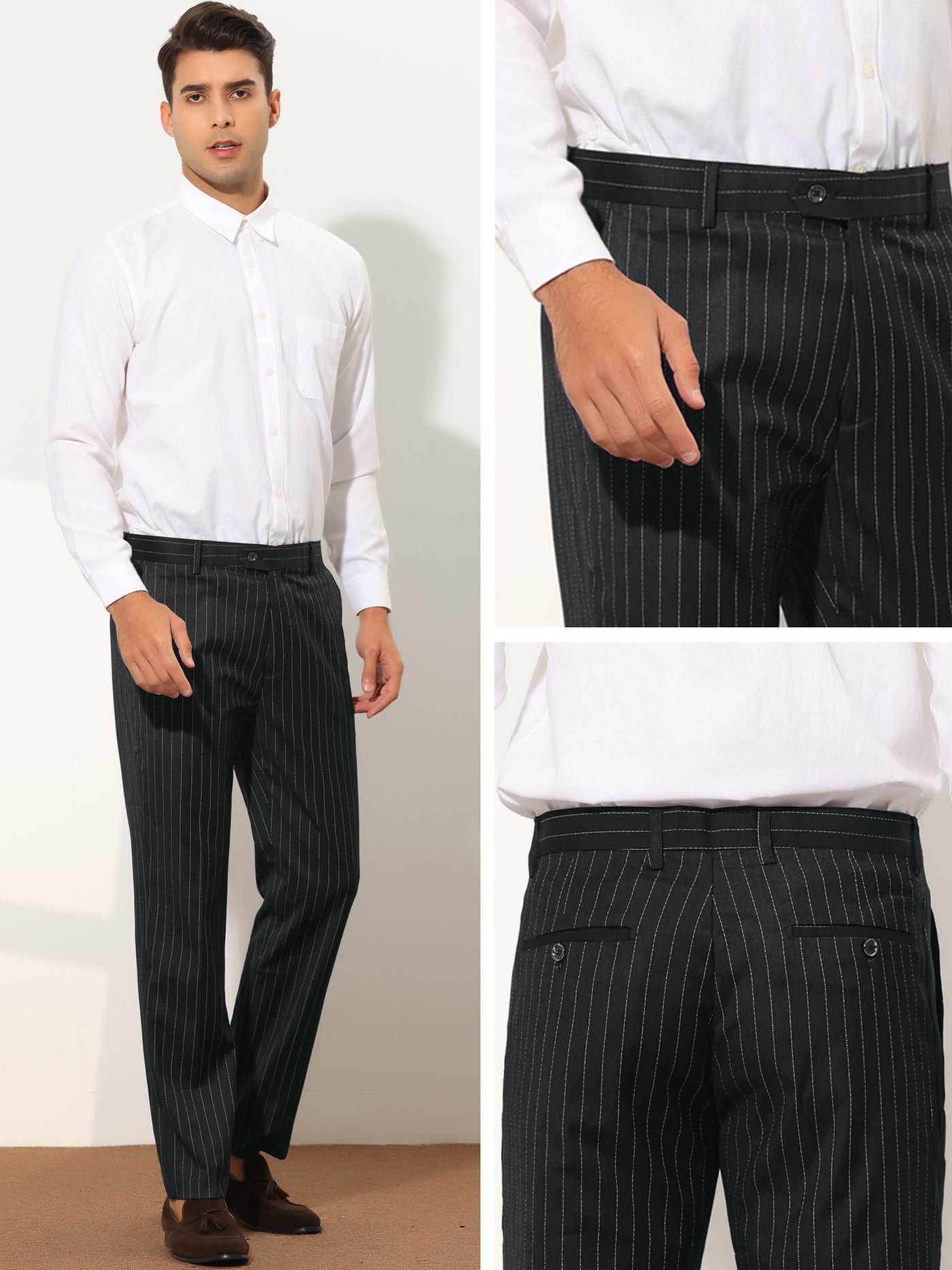 Bublédon Formal Striped Dress Pants for Men's Slim Fit Flat Front Office Business Trousers