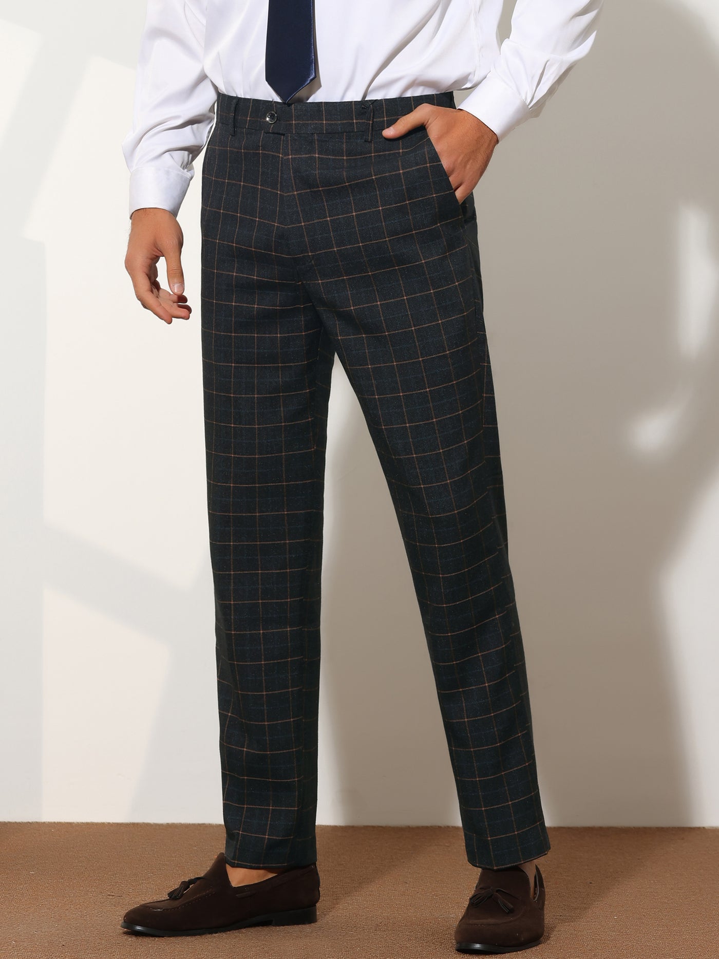 Bublédon Men's Plaid Slim Fit Formal Flat Front Checkered Suit Dress Pants