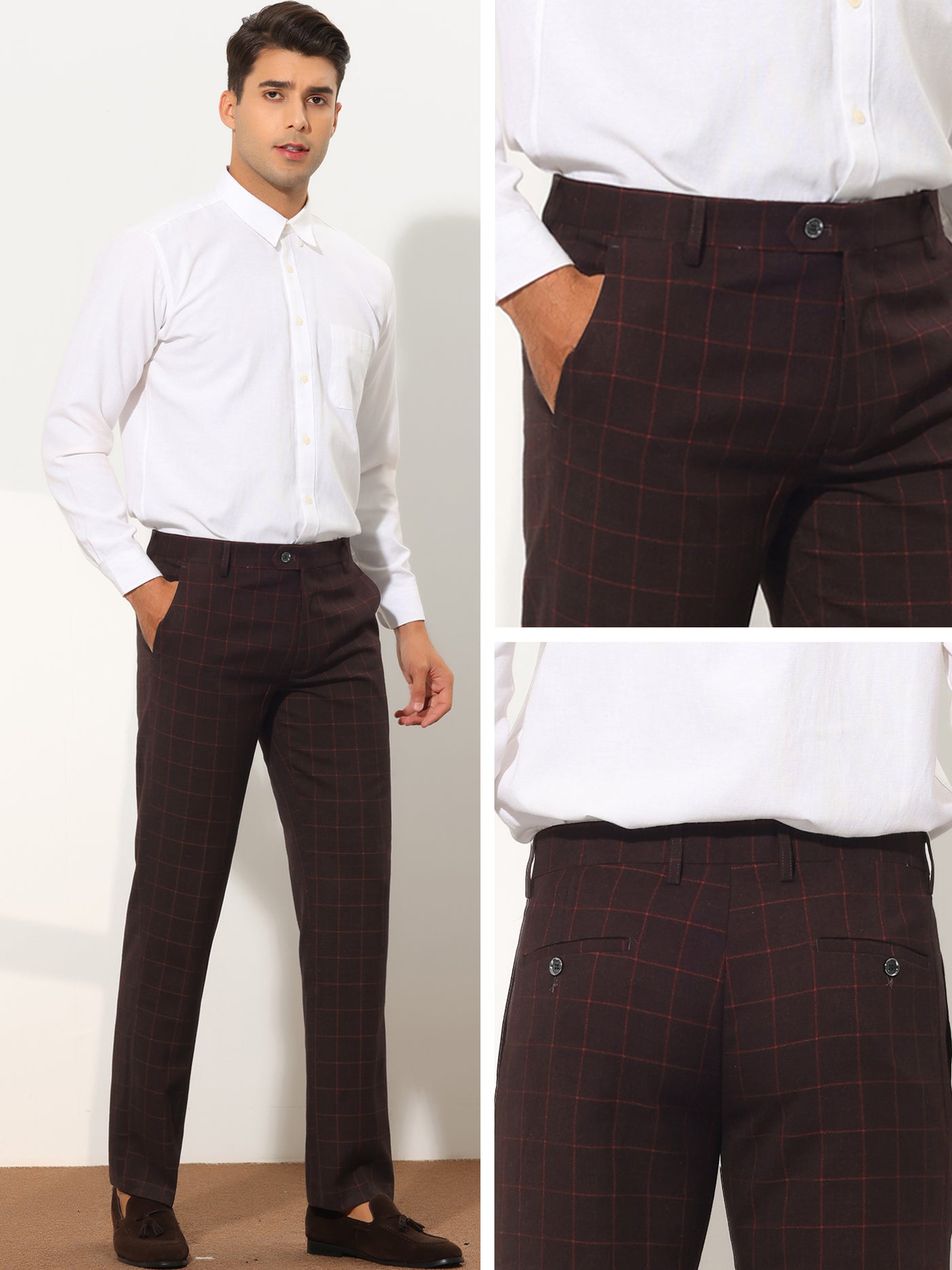 Bublédon Men's Plaid Slim Fit Formal Flat Front Checkered Suit Dress Pants