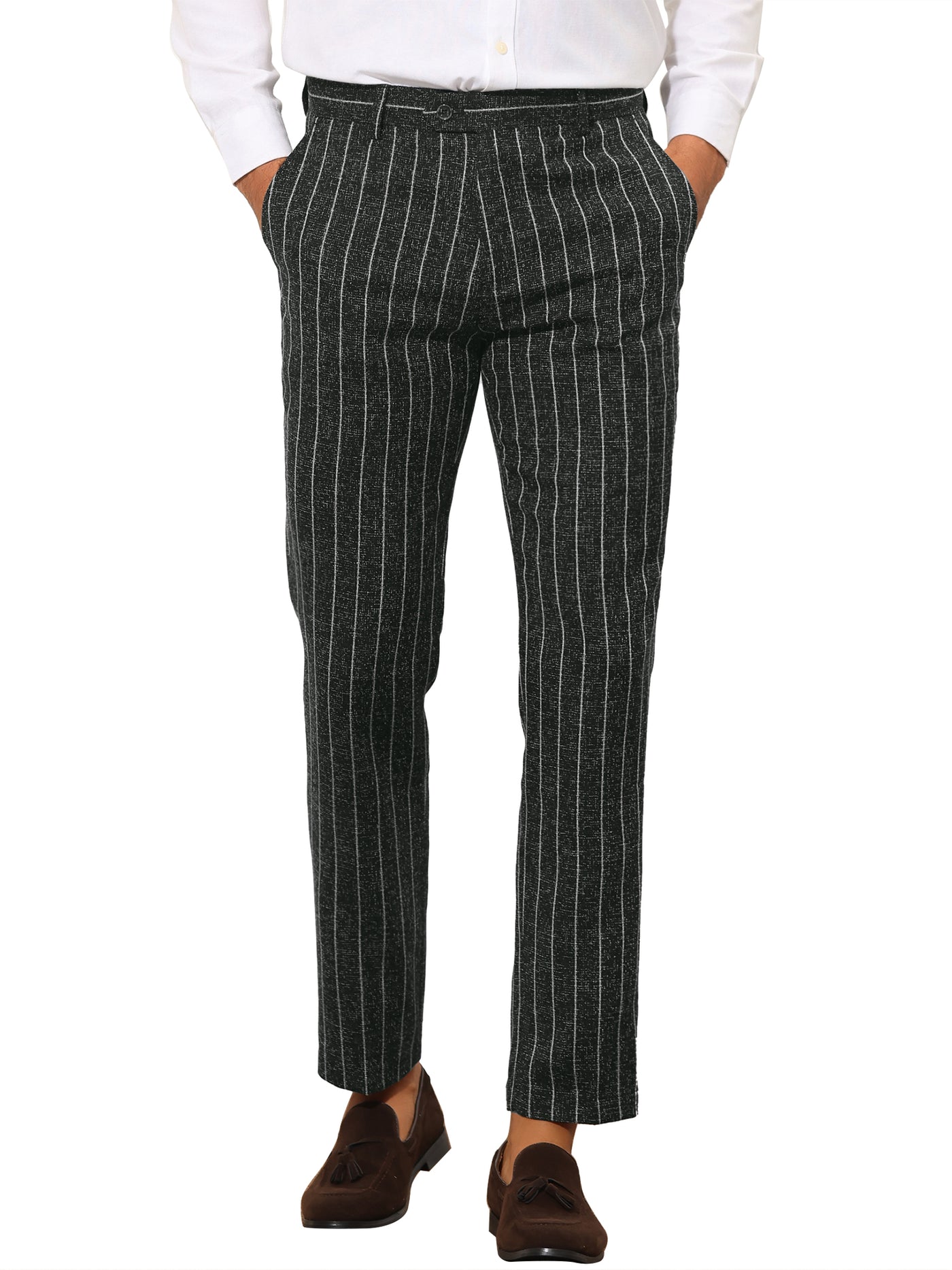 Bublédon Men's Business Striped Flat Front Slim Fit Formal Suit Dress Pants