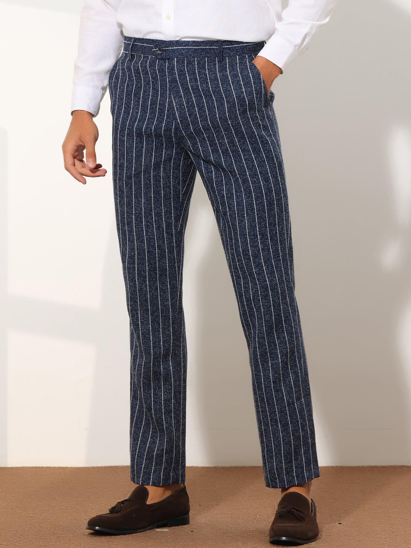 Bublédon Men's Business Striped Flat Front Slim Fit Formal Suit Dress Pants