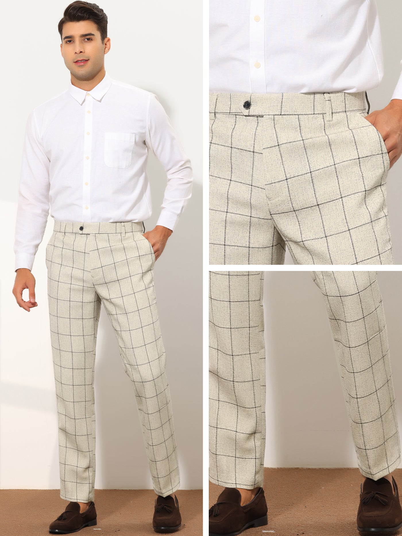 Bublédon Men's Formal Plaid Slim Fit Business Office Checked Suit Dress Pants