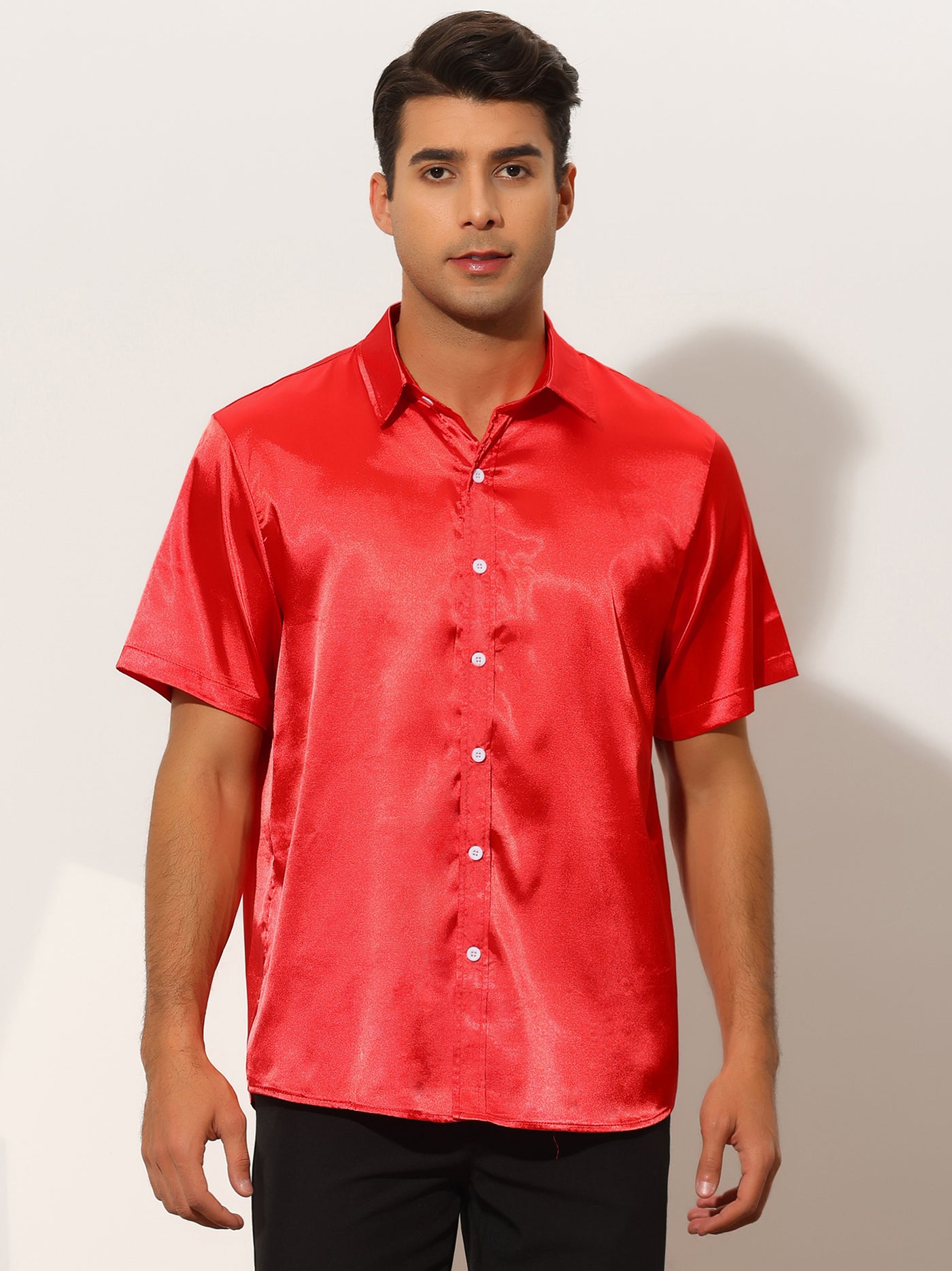 Bublédon Satin Summer Short Sleeve Point Collar Button Down Shirts