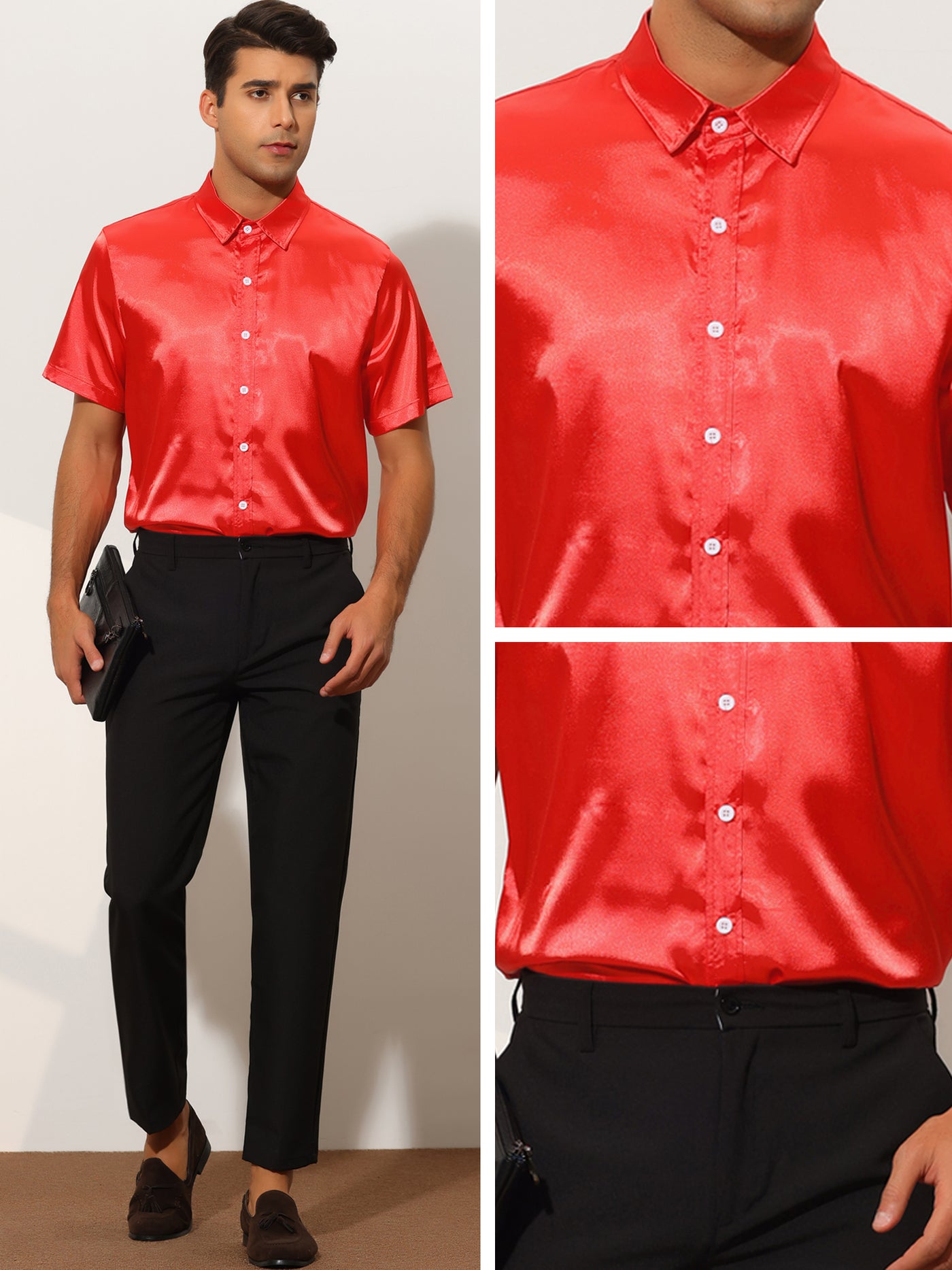 Bublédon Satin Summer Short Sleeve Point Collar Button Down Shirts