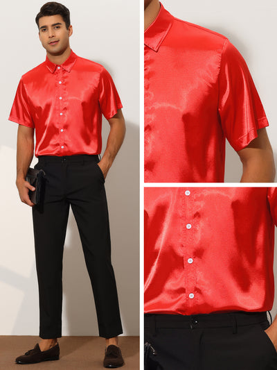 Satin Summer Short Sleeve Point Collar Button Down Shirts