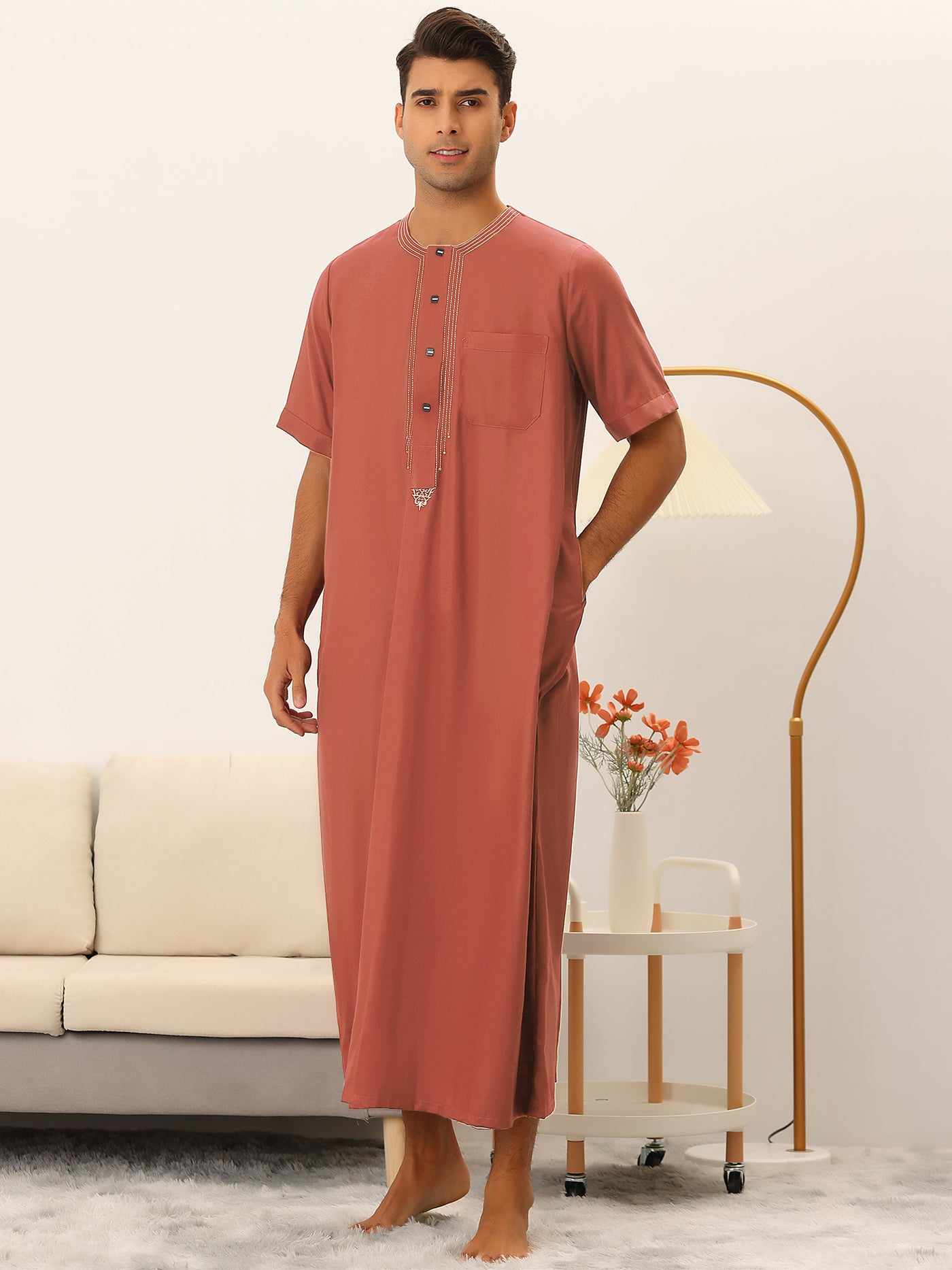Bublédon Loose Fit Night Gown for Men's Solid Color Short Sleeves Button Pajamas Sleepshirt