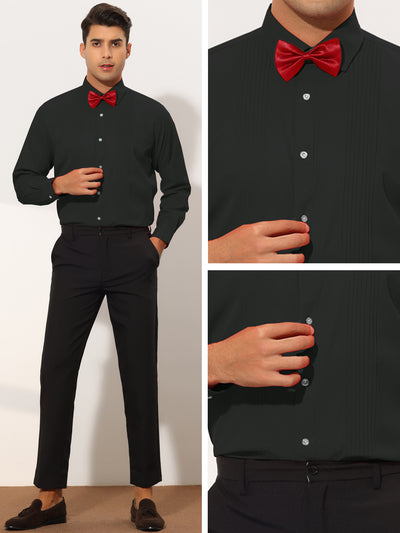 Men's Tuxedo Slim Fit Solid Long Sleeves Prom Dress Shirts with Bow Tie