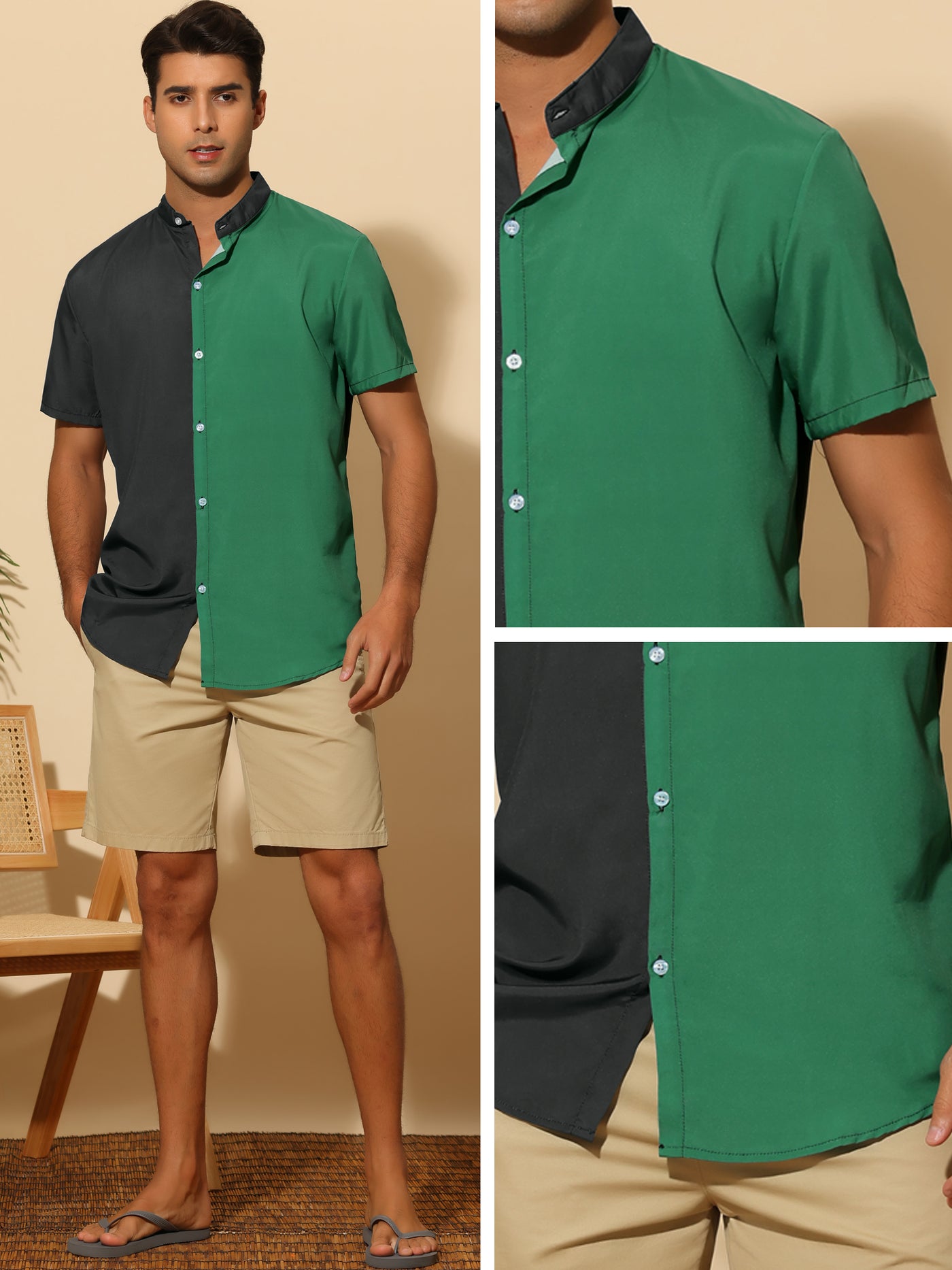 Bublédon Hawaiian Summer Stand Collar Short Sleeves Button Down Beach Shirts