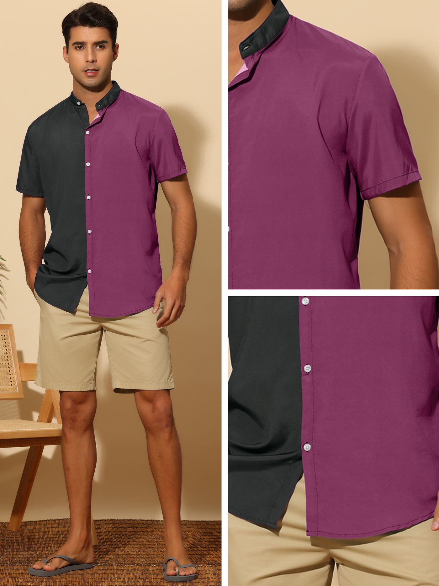 Bublédon Hawaiian Summer Stand Collar Short Sleeves Button Down Beach Shirts