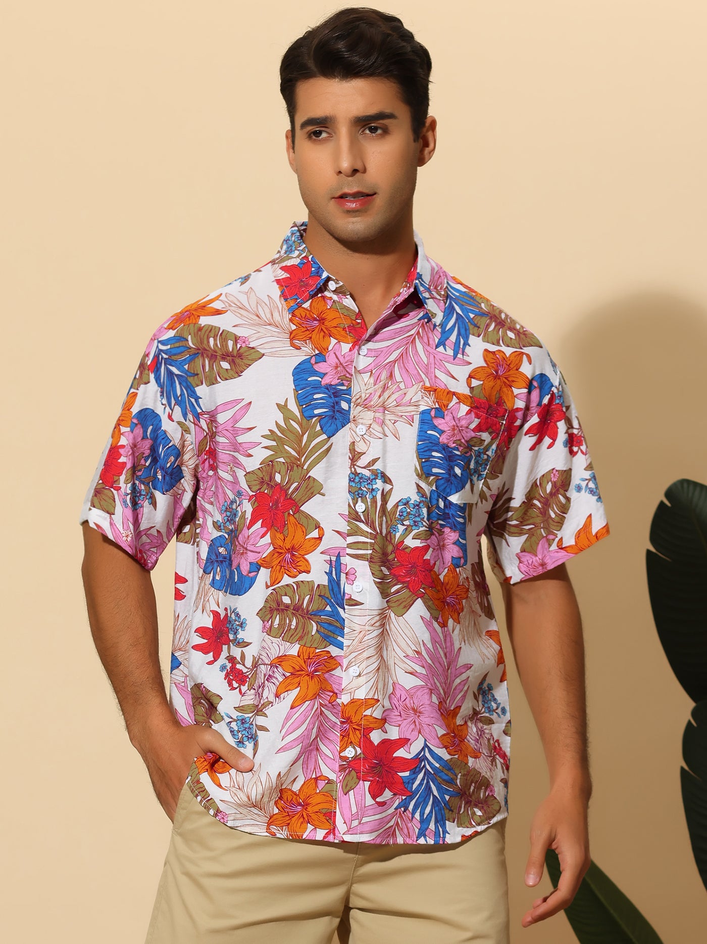 Bublédon Hawaiian Flower Shirt for Men's Short Sleeves Button Down Summer Beach Floral Shirts