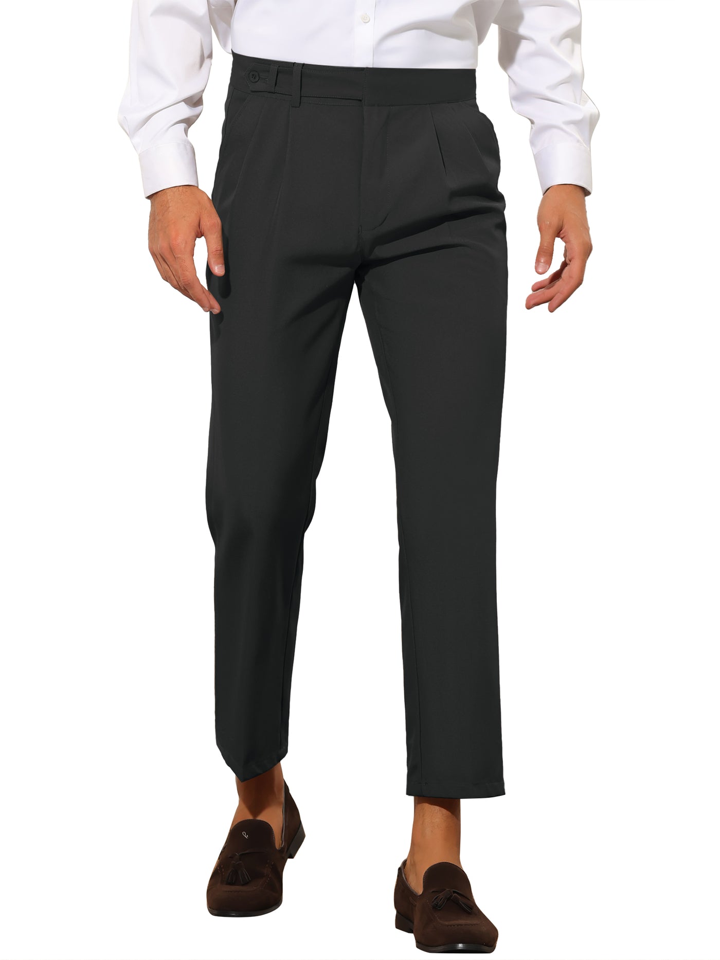 Bublédon Cropped Dress Pants for Men's Slim Fit Pleated Front Solid Business Chino Trousers