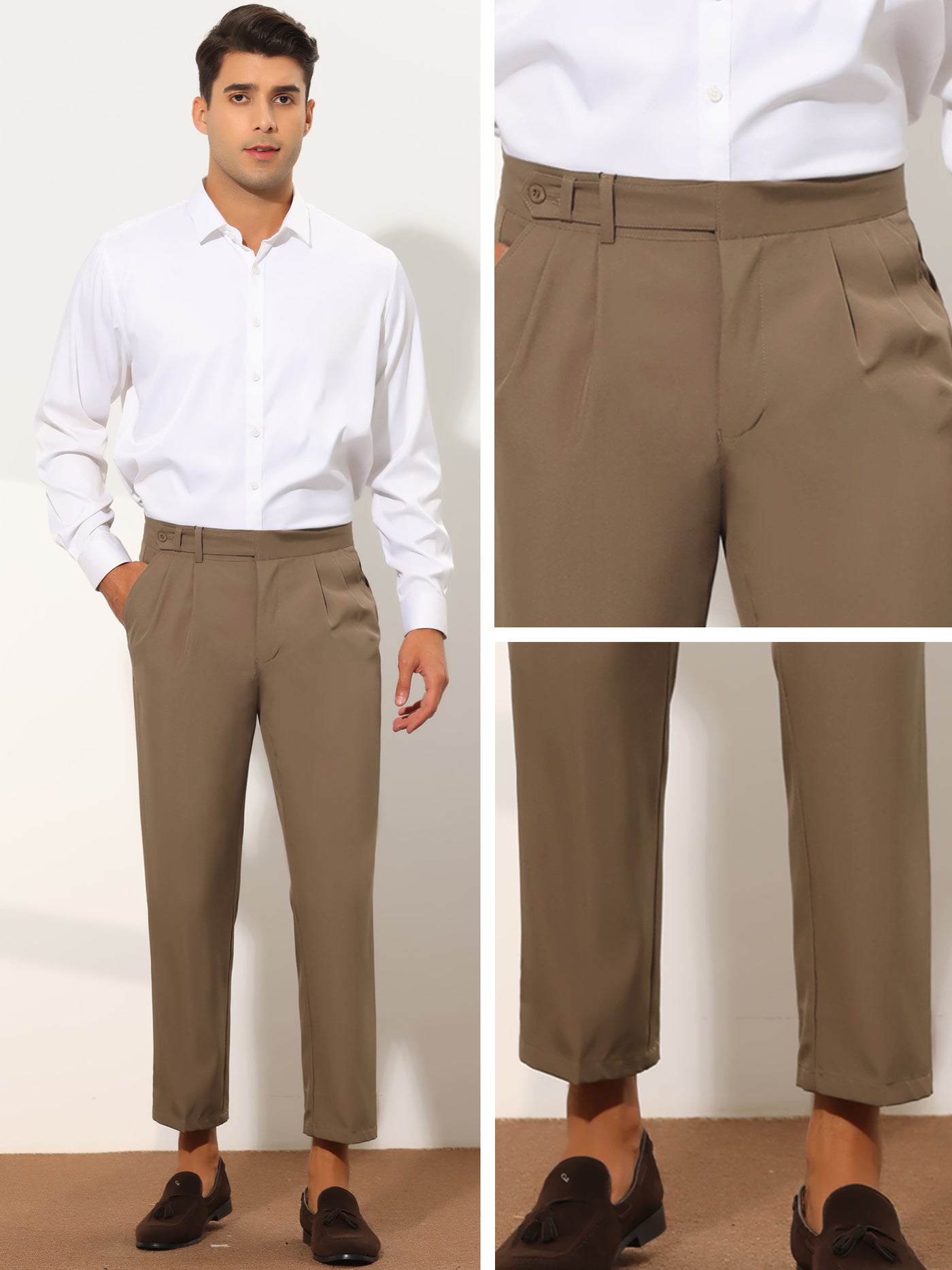 Bublédon Cropped Dress Pants for Men's Slim Fit Pleated Front Solid Business Chino Trousers