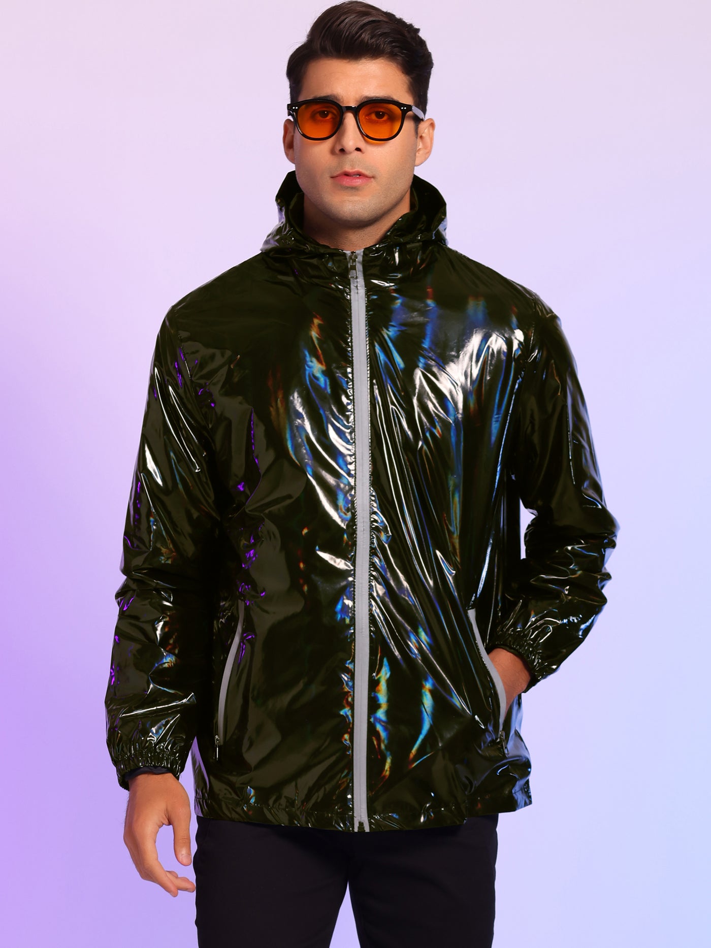 Bublédon Metallic Jacket for Men's Solid Zipper Sparkle Shiny Holographic Hooded Windbreaker