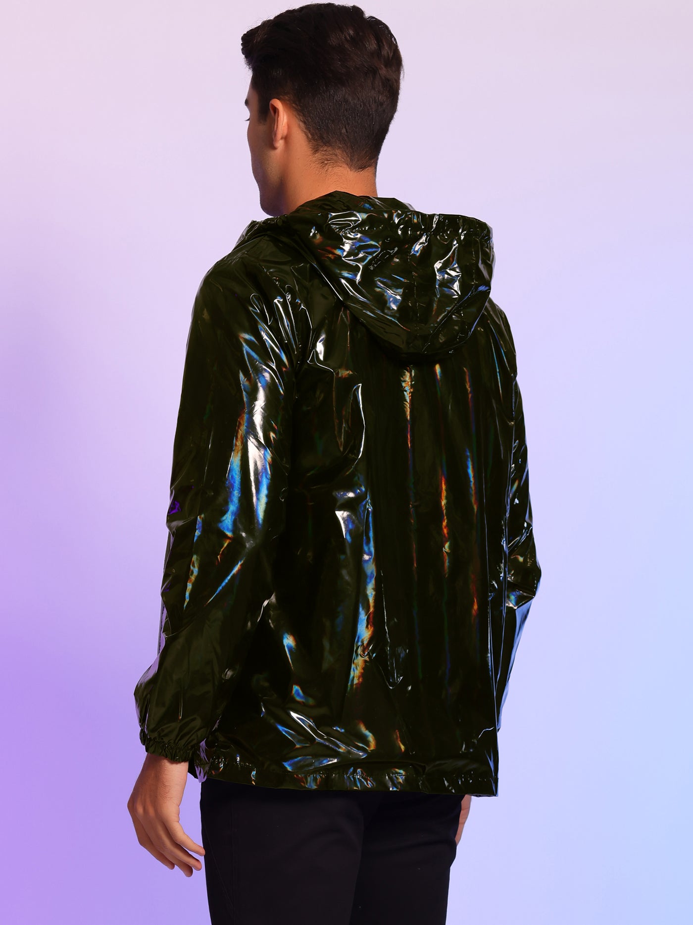 Bublédon Metallic Jacket for Men's Solid Zipper Sparkle Shiny Holographic Hooded Windbreaker