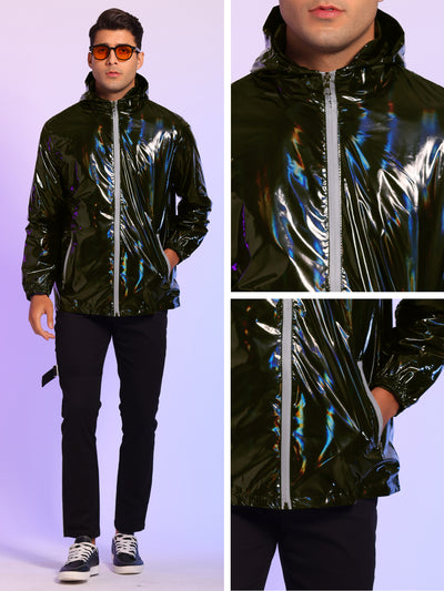 Metallic Jacket for Men's Solid Zipper Sparkle Shiny Holographic Hooded Windbreaker