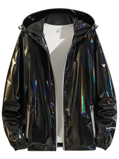Metallic Jacket for Men's Solid Zipper Sparkle Shiny Holographic Hooded Windbreaker