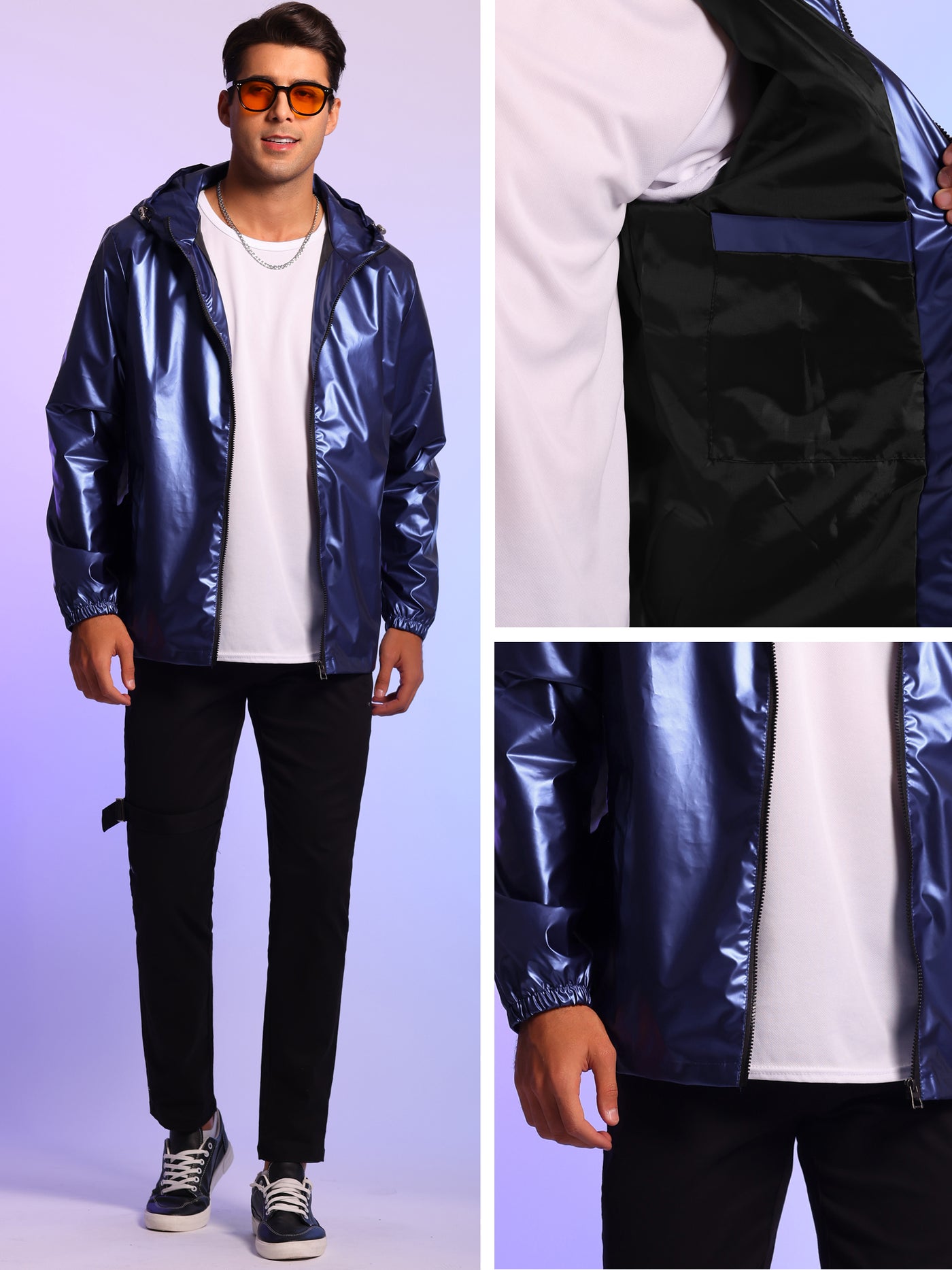 Bublédon Holographic Jacket for Men's Lightweight Long Sleeves Metallic Shiny Hoodie Coat