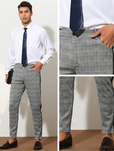 Plaid Pants for Men's Slim Fit Button Closure Flat Front Checked Trousers
