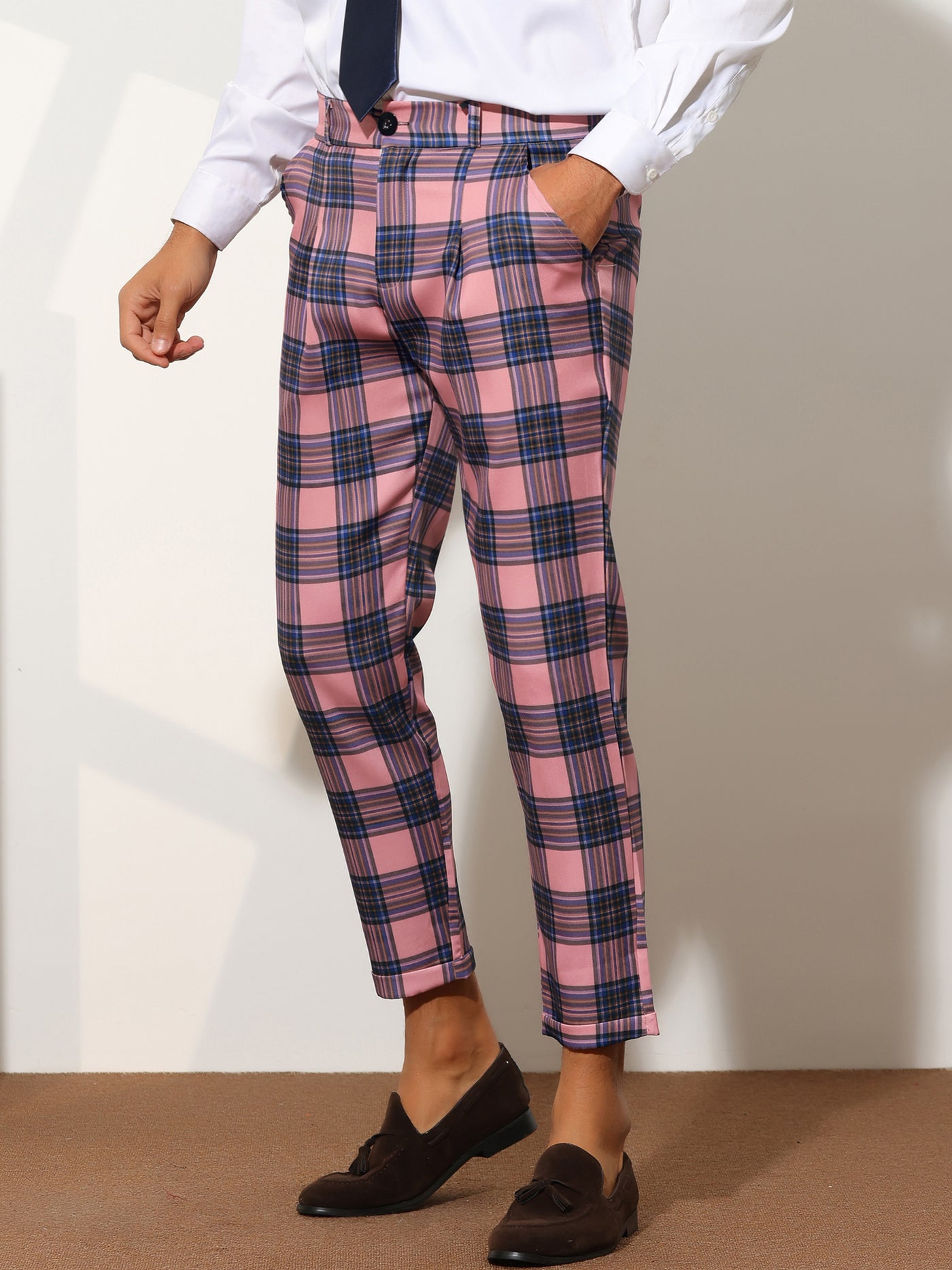 Bublédon Plaid Dress Pants for Men's Ankle Length Checked Business Trousers