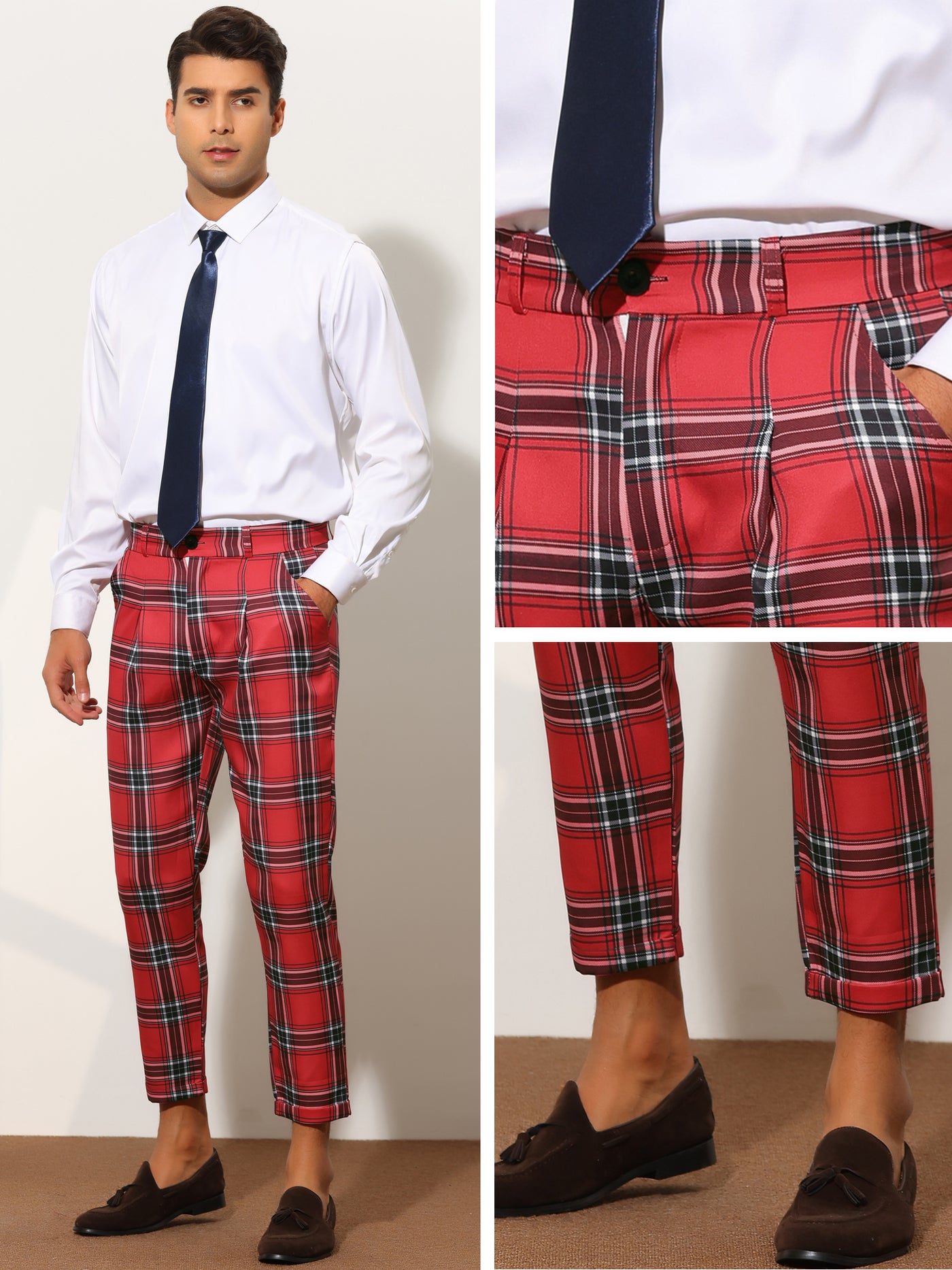 Bublédon Plaid Dress Pants for Men's Ankle Length Checked Business Trousers