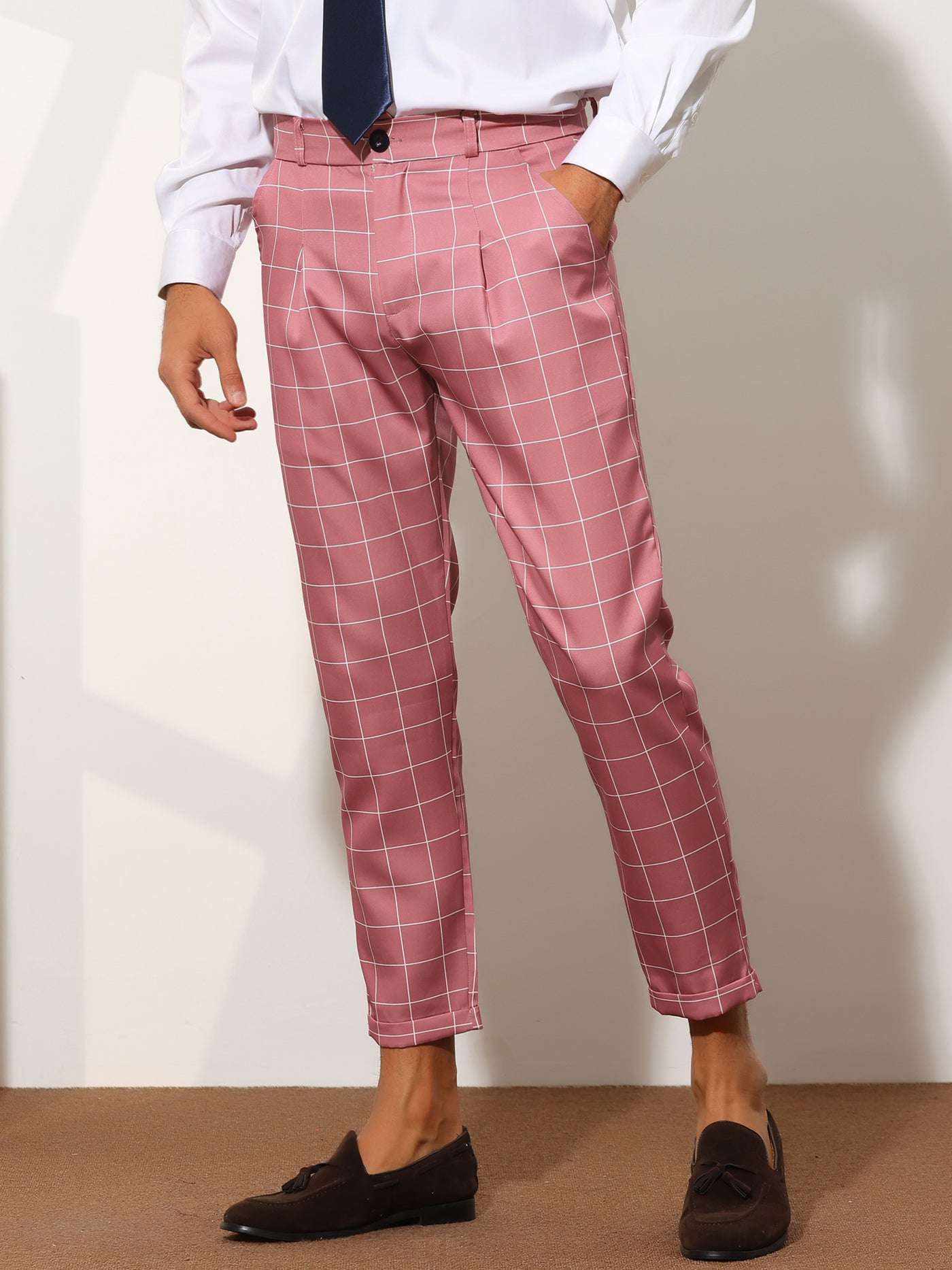 Bublédon Plaid Dress Pants for Men's Cropped Ankle Length Business Trousers
