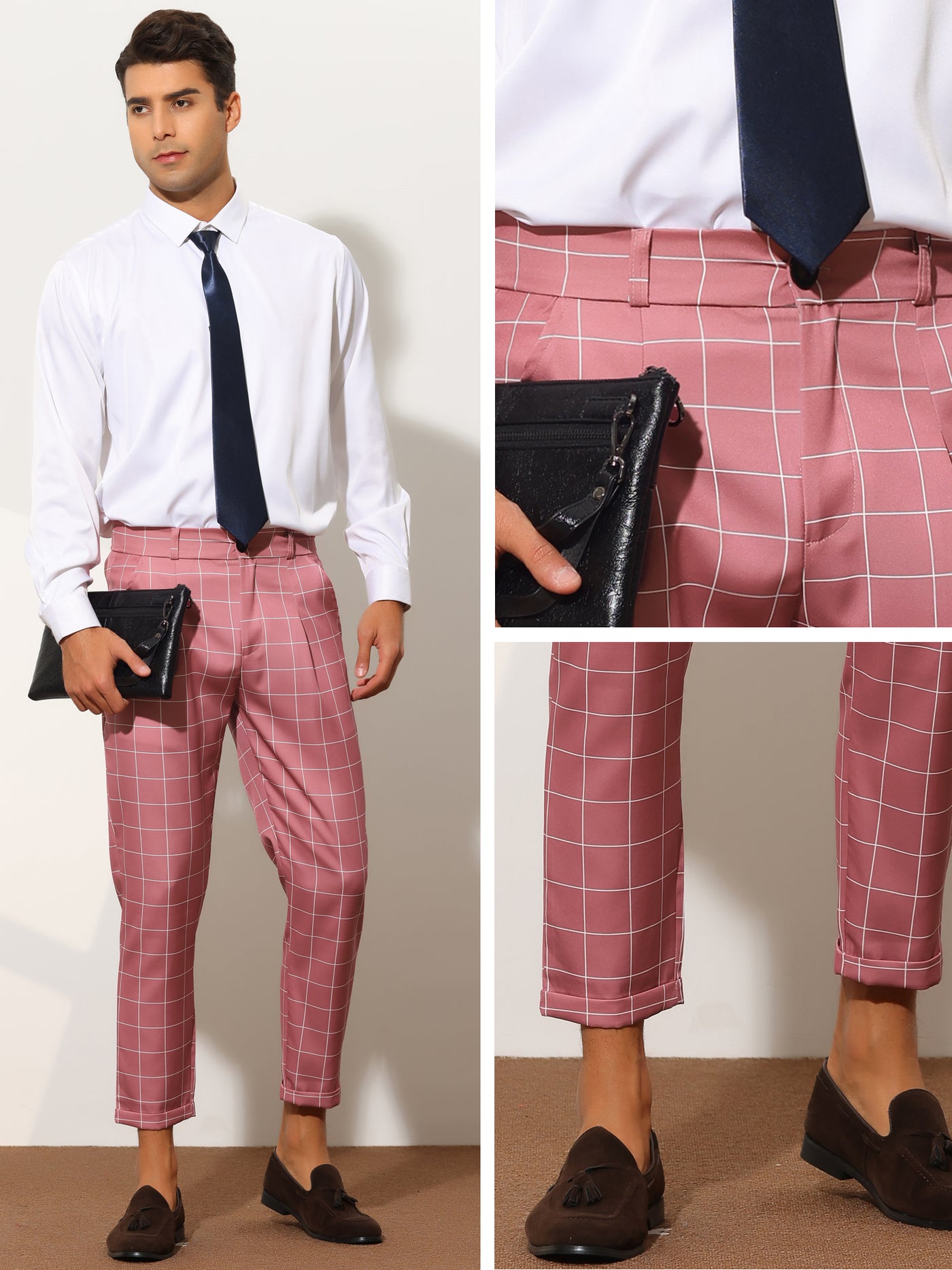 Bublédon Plaid Dress Pants for Men's Cropped Ankle Length Business Trousers