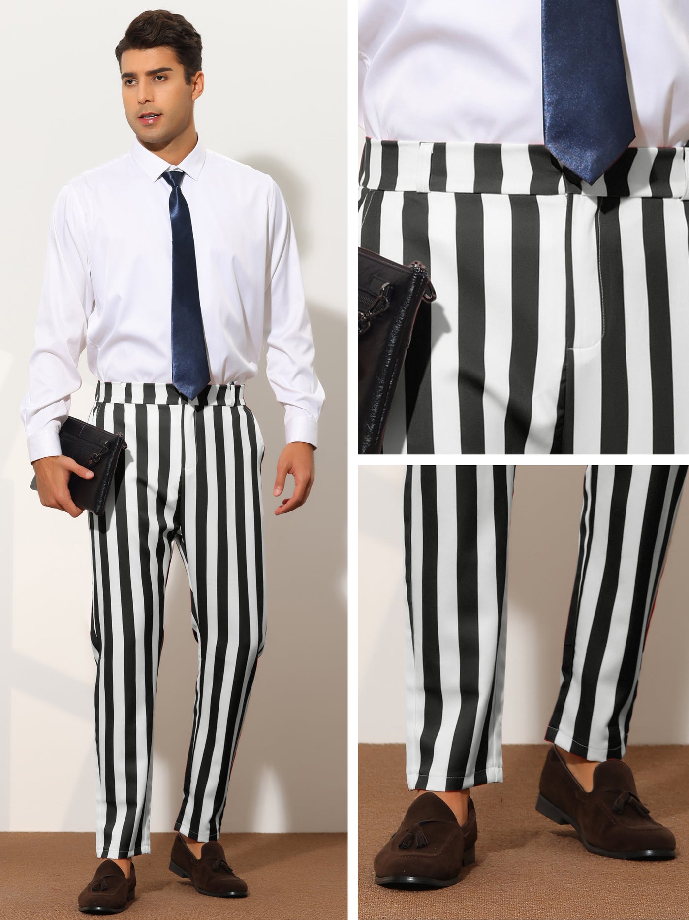 Bublédon Striped Dress Pants for Men's Big & Tall Flat Front Business Trousers