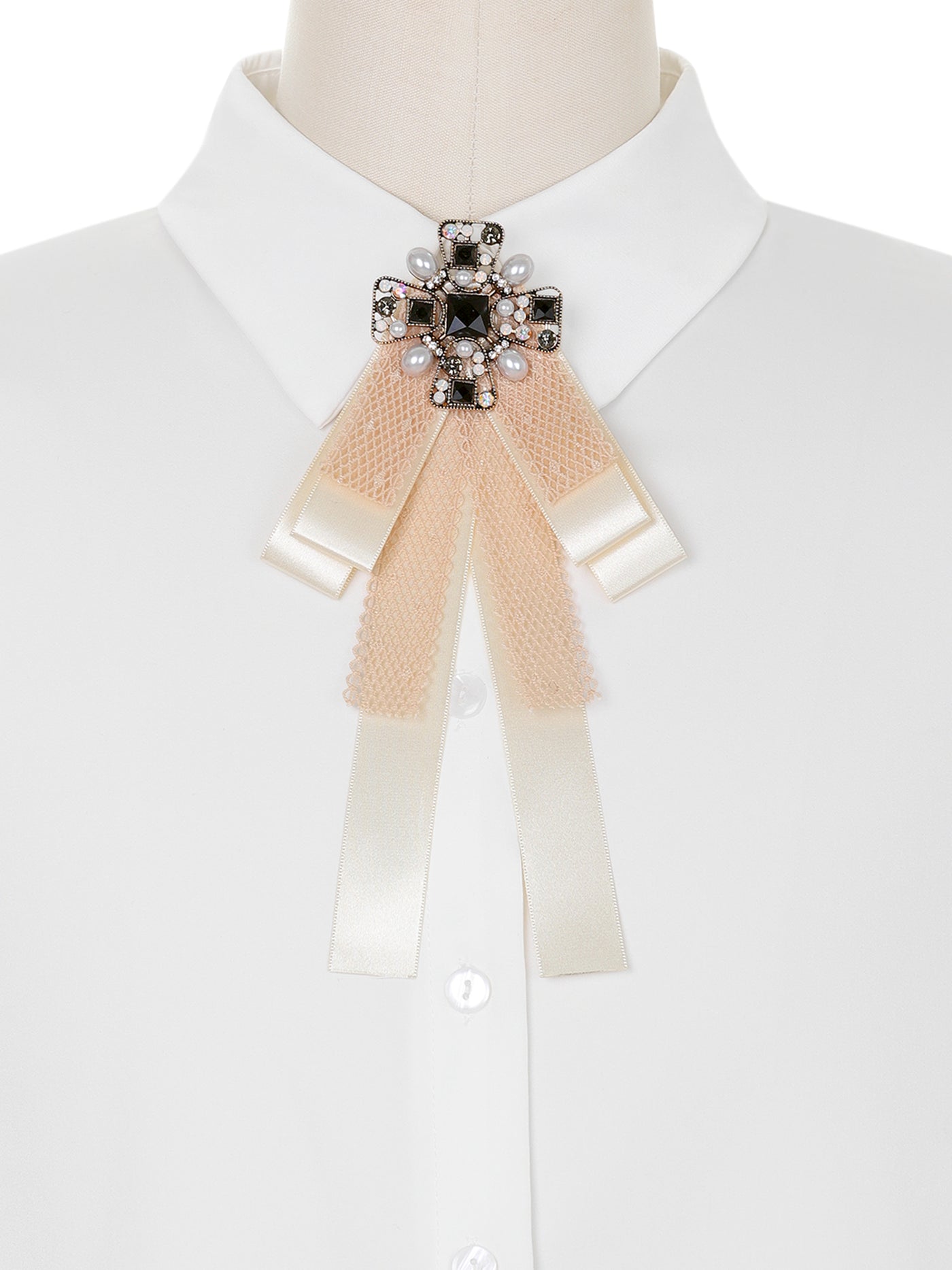 Bublédon Women's Retro Shirt Collar Tie Bow Knot Lace Rhinestone Beads Brooch