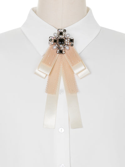 Women's Retro Shirt Collar Tie Bow Knot Lace Rhinestone Beads Brooch