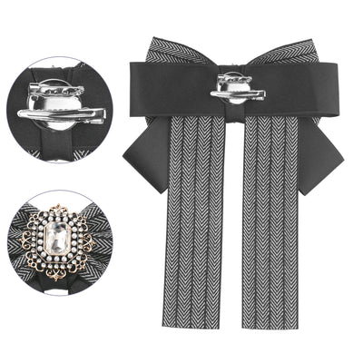 Bow Ties Striped Pre-Tied Long Tail Ribbon Brooch Pin for Women Fashion