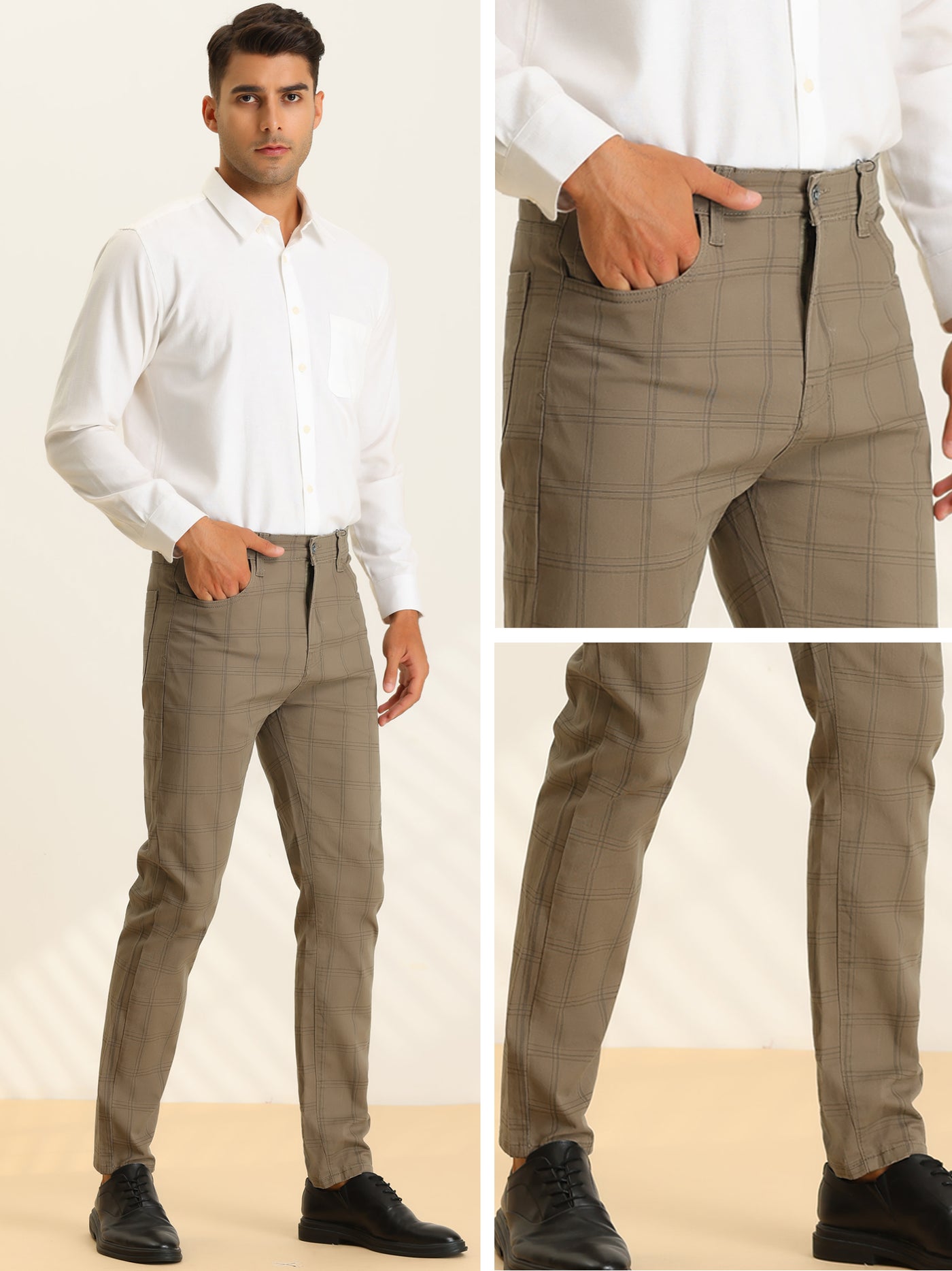 Bublédon Business Checked Trousers for Men's Straight Leg Flat Front Plaid Dress Pants