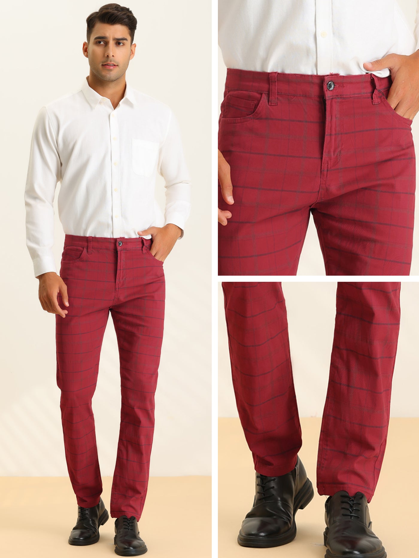 Bublédon Business Checked Trousers for Men's Straight Leg Flat Front Plaid Dress Pants