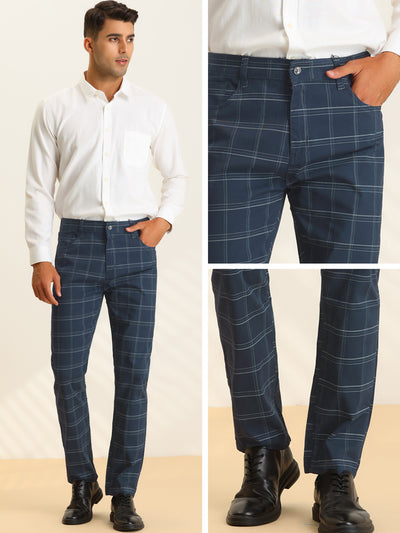 Business Checked Trousers for Men's Straight Leg Flat Front Plaid Dress Pants