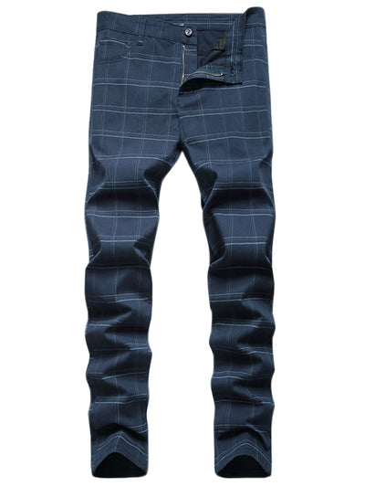 Business Checked Trousers for Men's Straight Leg Flat Front Plaid Dress Pants